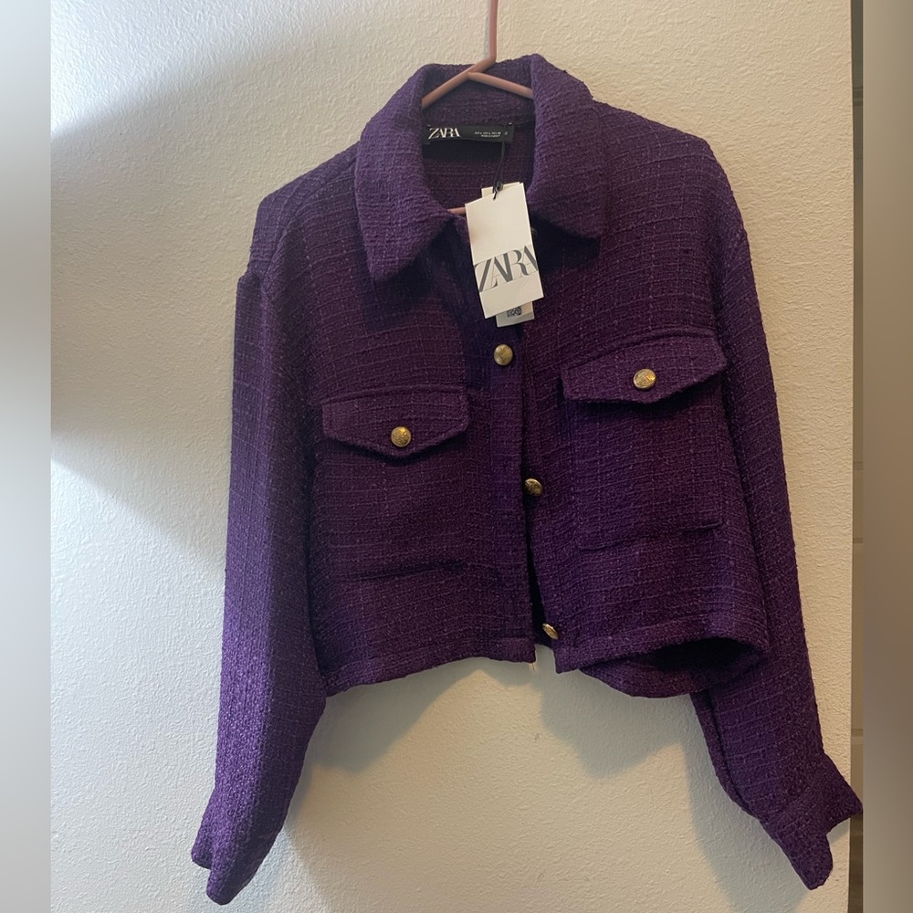 Zara Purple Tweed Cropped Jacket with Gold Buttons. New w/tag. Size Large.
